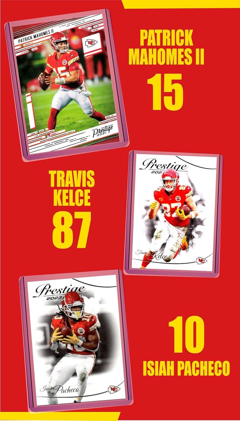 Chaser Kansas City Chiefs Football Cards: Patrick Mahomes, Travis Kelce, Isiah Pacheco, Jamaal Charles, Chris Jones, Marquise Brown, Nick Bolton, Rashee Rice, Xavier Worthy, Tony Gonzalez (10) ASSORTED Football Stars & GOATs Trading Card & Wristbands Gift Pack - Image 2